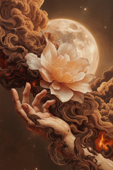 A surreal digital illustration showing a pale hand emerging from dark swirling clouds, cradling a peach-colored flower with a large glowing moon in the background.
