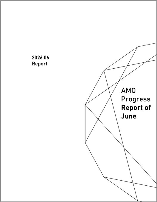 Minimalist cover page for the AMO Progress Report of June 2026.06, featuring thin geometric line art on a white background.