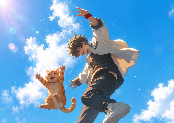 An anime-style illustration of a boy and an orange tabby cat joyfully jumping against a bright blue sky with white clouds.