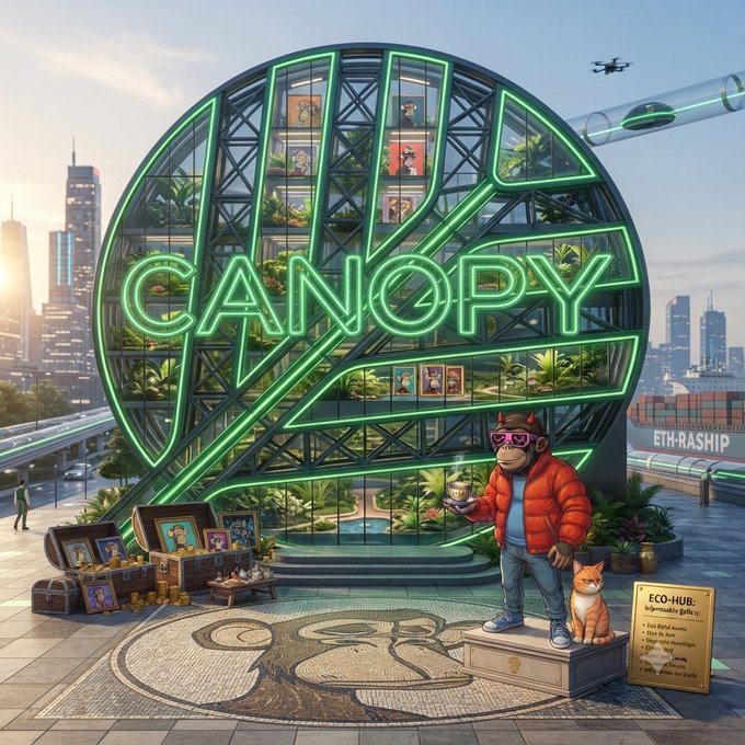A futuristic cityscape illustration featuring a large circular 'CANOPY' building with neon green lighting, NFT-style portraits displayed inside, and a cartoon monkey character in a red jacket holding coffee with a cat, with 'ETH-RASHIP' signage visible.