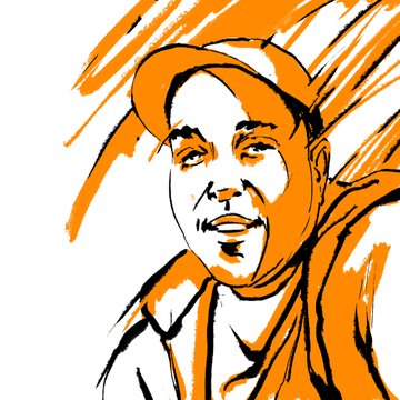 A stylized portrait sketch of a person wearing a baseball cap, rendered in bold orange and black ink strokes with a minimalist background.