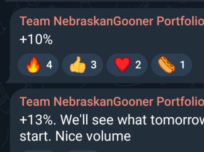 A screenshot showing two social media posts from "Team NebraskanGooner Portfolio" highlighting crypto trading gains of +10% and +13%, with reaction counts of 4 fires, 3 thumbs up, 2 hearts, and 1 hot dog emoji, promoting their trading portfolio performance and Telegram channel.