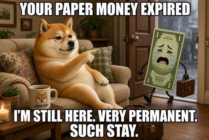 A meme shows a Shiba dog with glasses pointing at a crying dollar bill with text 'YOUR PAPER MONEY EXPIRED' and 'I'M STILL HERE. VERY PERMANENT. SUCH STAY.'