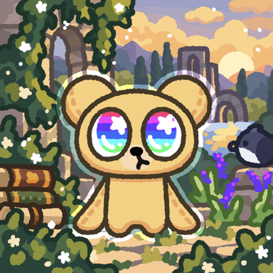 A pixel art image of a cute bear-like character with large rainbow eyes sitting in a garden setting.