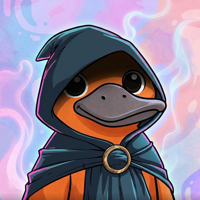 A stylized cartoon illustration shows an orange duck-like character with large eyes wearing a dark blue hooded cloak fastened with a gold ring against a pastel dreamy background.