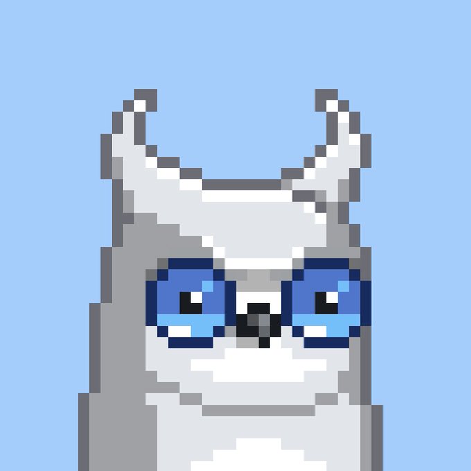 A pixel art depiction of a white dog with large blue eyes against a light blue background.