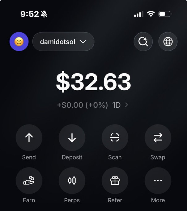 A screenshot of the Phantom cryptocurrency wallet app showing a balance of $32.63 under the username "damidotsol" on Solana, used to support a promotional post asking viewers to comment "$SOL" to receive a wallet address and check for a free airdrop breakfast treat.