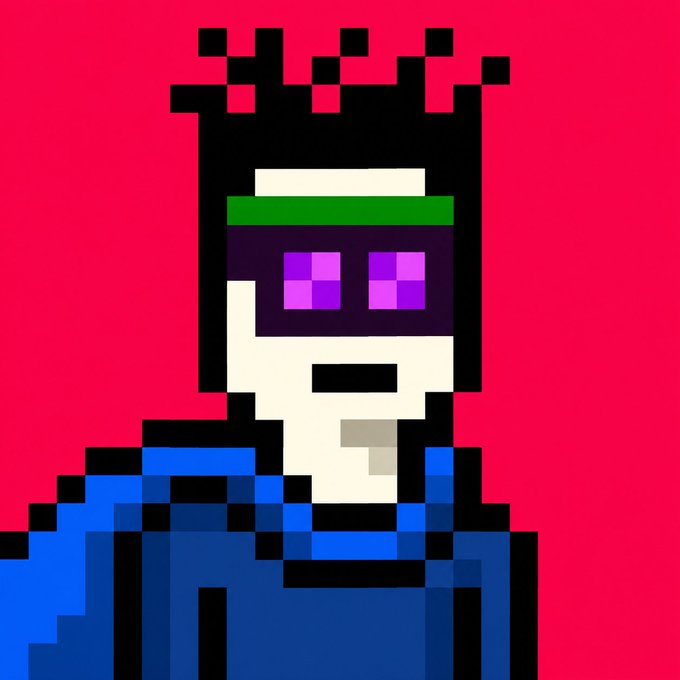 A pixel art illustration of a character with black spiky hair, purple glowing eyes, and a blue outfit against a red background.
