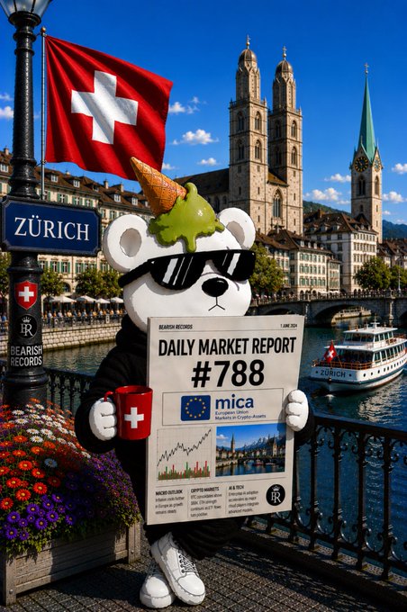 A panda mascot character wearing sunglasses and holding a 'Daily Market Report #788' from 'mica Markets in Crypto-Assets', set against a Zürich backdrop with the Swiss flag and Grossmünster church.