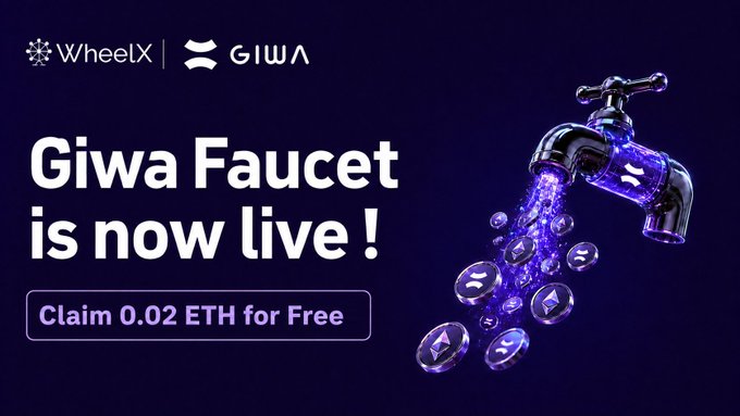 Promotional banner for WheelX and GIWA announcing 'Giwa Faucet is now live!' with a button to 'Claim 0.02 ETH for Free' next to a 3D faucet dispensing purple Ethereum coins.