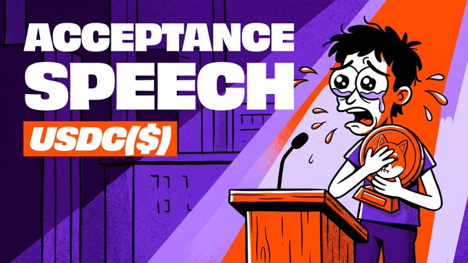 The image shows a man standing at a podium, giving a speech while holding an award of some sort. The backdrop appears to be purple with orange text that reads "Acceptance Speech $1000 reserved for best posts". The main subject of the image is centered around the speaker and the event he is participating in, possibly related to USDC or some other campaign or competition involving cryptocurrency.