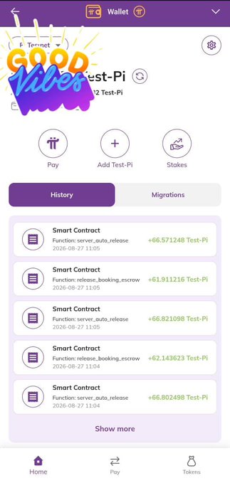 A screenshot of the Pi Wallet app displays a history tab showing recent smart contract transactions, including functions like "server_auto_release" and "release_booking_escrow," each with amounts ranging from +66.571248 Test-PI to +66.802498 Test-PI, dated August 27, 2026. The image visually supports the post by showcasing BNPi's booking system actively utilizing Pi smart contracts on the Testnet, demonstrating real automated transaction activity.