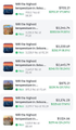 A screenshot of a mobile app interface showing a list of entries with red icons, prices in Thai Baht, and Thai text, appearing to display products or services with options to view favorites and reset.