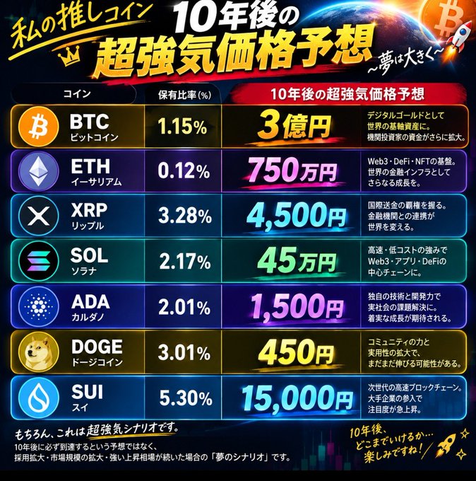 A Japanese cryptocurrency infographic titled "私の推しコイン" featuring 10-year super-bullish price predictions for BTC (300 million yen), ETH (7.5 million yen), XRP (4,500 yen), SOL (450,000 yen), ADA (1,500 yen), DOGE (450 yen), and SUI (15,000 yen).