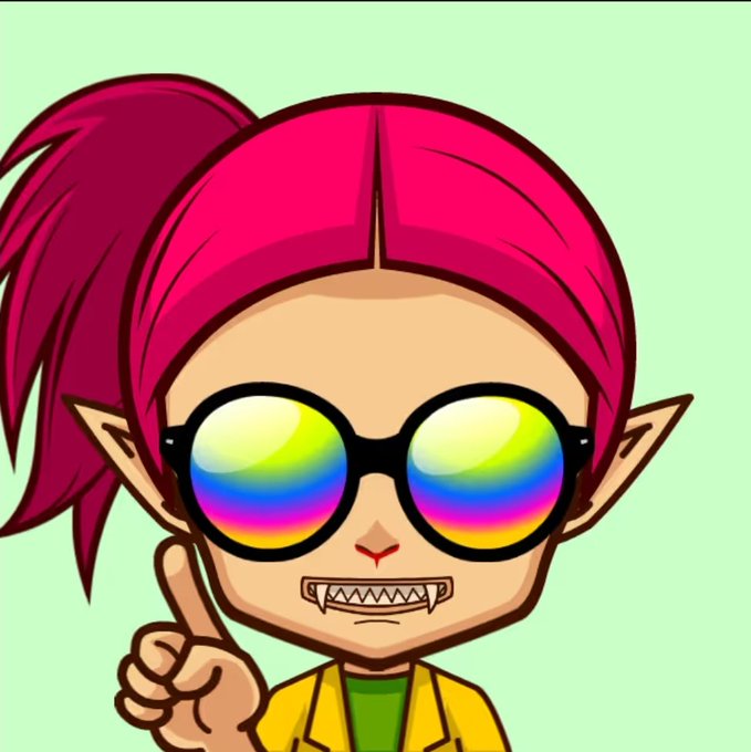 A cartoon character with bright pink hair in a ponytail, pointed ears, sharp fangs, and large round sunglasses reflecting a rainbow gradient points a finger upward.