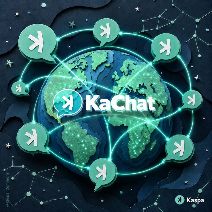 Promotional artwork for 'KaChat' by Kaspa, featuring a globe surrounded by green chat bubbles with the Kaspa 'K' logo connected by glowing lines.