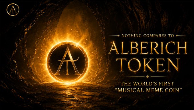 Promotional banner for 'ALBERICH TOKEN' featuring a glowing 'A' logo in a cave, with text 'NOTHING COMPARES TO' and 'THE WORLD'S FIRST "MUSICAL MEME COIN"'.