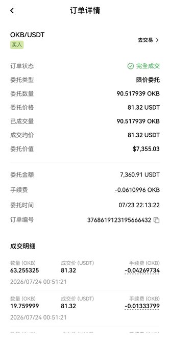 A mobile screenshot of a completed OKB/USDT buy order on a crypto exchange, showing 90.52 OKB purchased at 81.32 USDT per token, totaling $7,355.03, dated 07/23/2026.