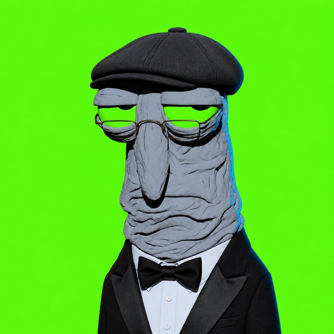 A surreal digital artwork showing a figure in a black suit and bow tie with a gray, sculpted Moai-like head wearing a black newsboy cap and glasses, set against a bright green background.