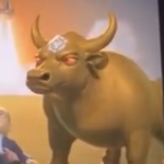 A small, low-resolution image showing a 3D-rendered bull statue wearing a white headband, resembling the Wall Street Charging Bull.