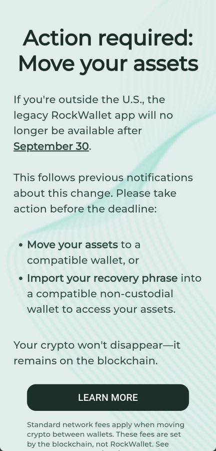 A mobile notification from RockWallet titled 'Action required: Move your assets' informs users outside the U.S. that the legacy app will no longer be available after September 30, with options to move assets or import recovery phrases.