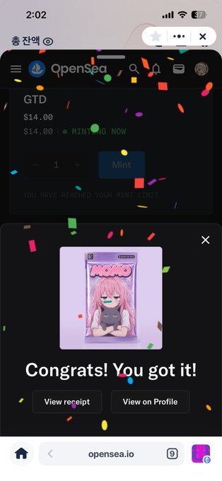 This image captures the successful minting of the "MOMO" NFT on OpenSea, highlighted by a "Congrats! You got it!" pop-up, directly fulfilling the post's mention of minting @momoyumemi.