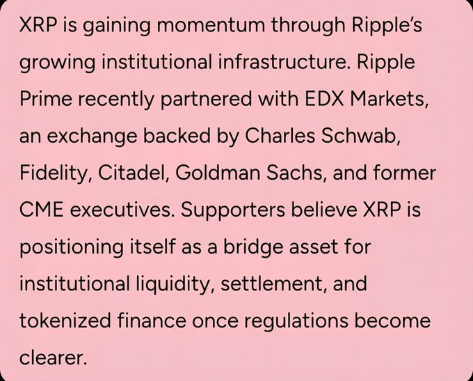 The image contains a text excerpt on a pink background explaining that XRP is gaining momentum through Ripple's growing institutional infrastructure, including a recent partnership between Ripple Prime and EDX Markets—an exchange backed by Charles Schwab, Fidelity, Citadel, Goldman Sachs, and former CME executives—with supporters believing XRP is positioning itself as a bridge asset for institutional liquidity, settlement, and tokenized finance once regulations become clearer. The passage ties directly to the post's "#XRP" hashtag and claim about the Clarity Act, illustrating the regulatory clarity supporters believe will unlock XRP's institutional potential.