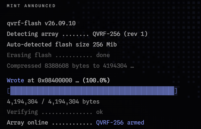 A MINT firmware screen displays successful flashing of a QVRF-256 array, showing 'Wrote at 0x08400000 ... (100.0%)' and 'Array online .......... QVRF-256 armed'.