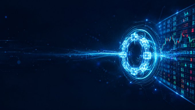 A glowing blue digital ring or portal emerges against a dark background, with financial tickers and candlestick charts streaming across the right side, symbolizing the $ALLR token's resurgence as a dead-delisted ticker coming back to life on the blockchain via its Arc mainnet relisting.