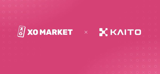 A promotional graphic with a pink background featuring a repeating 'XO' pattern, displaying logos for "XO MARKET" and "KAITO" with an 'x' between them, indicating a collaboration.
