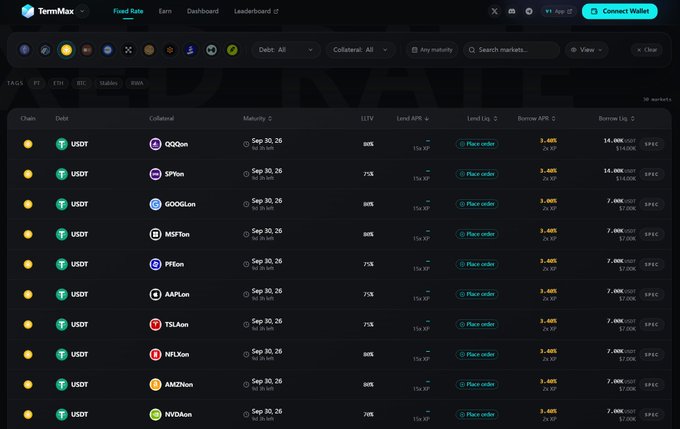 Screenshot of TermMax fixed rate DeFi dashboard showing various yield markets with USDT collateral and different tokens like GOG, SPX, GOD, MST, PEPE, APE, TSL, NFT, AMZ, HVD.