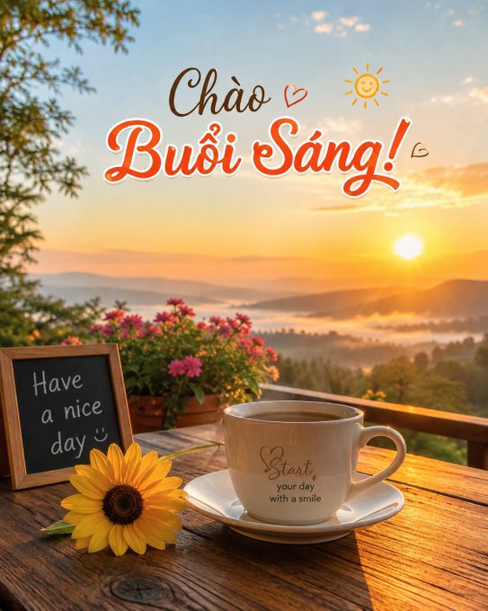 A scenic sunrise over mountains with a coffee cup, sunflower, and chalkboard reading "Have a nice day" on a wooden table, with text "Chào Buổi Sáng!" (Vietnamese for Good Morning) in the sky.