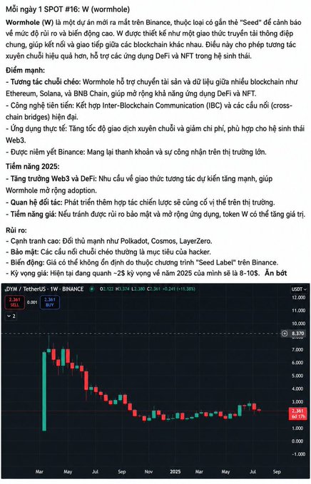 A Vietnamese-language post analyzing Wormhole ($W) titled "Wormhole SPOT #16" highlights its cross-chain bridge technology, partnerships with Ethereum/Solana/BNB Chain, and a price chart showing $W's decline from a peak above $12 to around $2.36 as of July 2025, illustrating the meme-worthy loss on the altcoin call mentioned in the post.