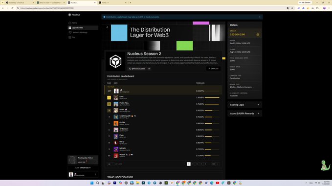 A screenshot of the Nucleus platform showing the 'Nucleus Season 2' contribution dashboard with a 'Contribution Leaderboard' listing user rankings and rewards in Web3.