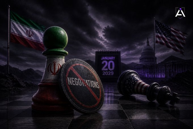 A political graphic showing a chess piece with the Iranian flag, a 'NEGOTIATIONS' stamp, a US flag, the US Capitol building, and a calendar marking 'JANUARY 20 2029'.