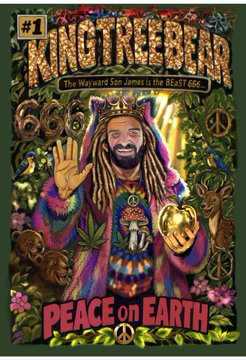 The image appears to be a parody album cover titled "#1 KINGNEEBAH" with the subtitle "The Weirdest Son, James in the HEAVY 666," featuring a psychedelic depiction of a bearded man with dreadlocks and a rainbow robe surrounded by nature motifs and the text "PEACE on EARTH." The accompanying post jokingly crowns this eccentric figure as "the weirdest person in tezos," playfully referencing the album's "weirdest" branding and suggesting the character embodies a similar outlandish, countercultural persona within the Tezos crypto community.