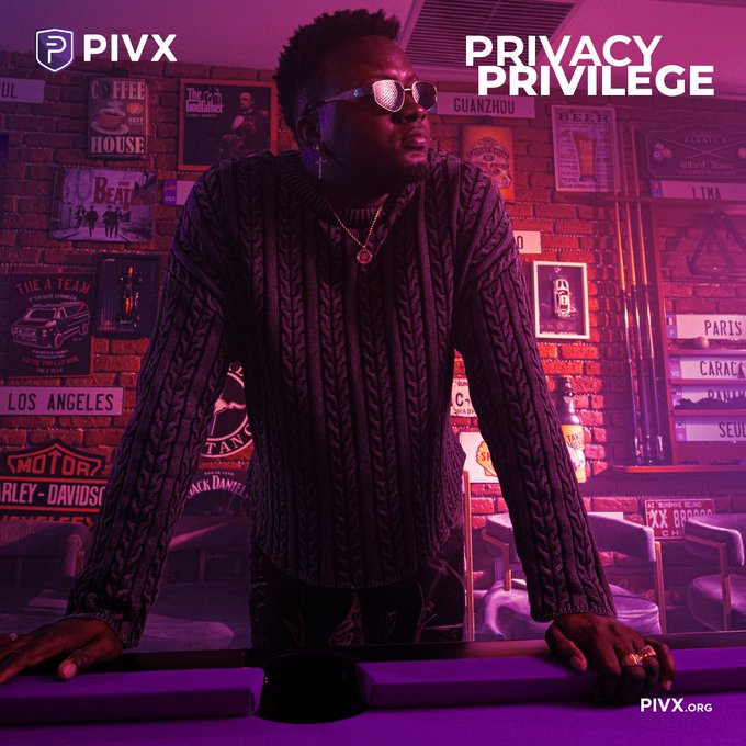 A promotional image for PIVX cryptocurrency featuring a man in sunglasses and a cable-knit sweater leaning on a pool table, with 'PRIVACY PRIVILEGE' text and 'PIVX.org' branding, set against a purple-lit background with bar signage.