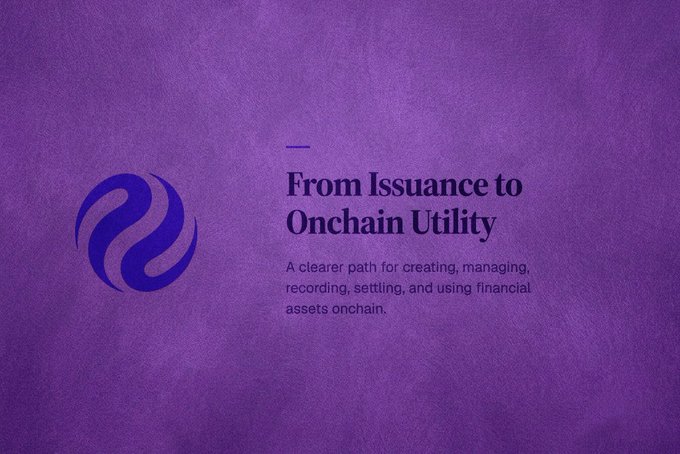 Promotional graphic with purple background featuring a stylized logo and text reading 'From Issuance to Onchain Utility' with subtitle 'A clearer path for creating, managing, recording, settling, and using financial assets onchain.'