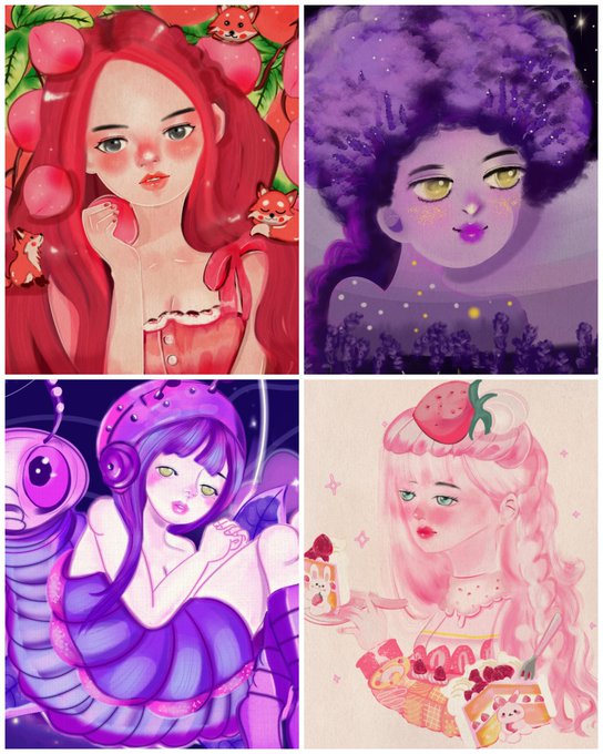 The image features four different paintings of women with various hairstyles, each depicting a unique style. The first painting shows a woman with red hair wearing a purple dress, while the second painting depicts a woman with blonde hair wearing a pink dress. The third painting showcases a woman with red hair in an orange dress, and the fourth painting features a woman with blue hair wearing a white dress. These paintings are part of a larger collection that includes other images related to the post "GM Happy Tezostuesday Momo and Her Guides".