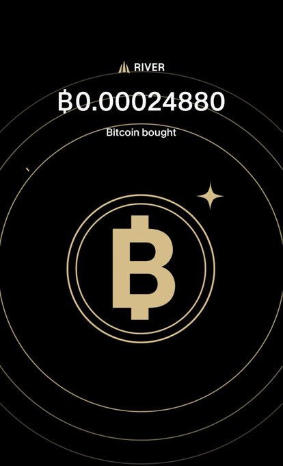 A black screen from the RIVER app shows a Bitcoin purchase of ₿0.00024880.
