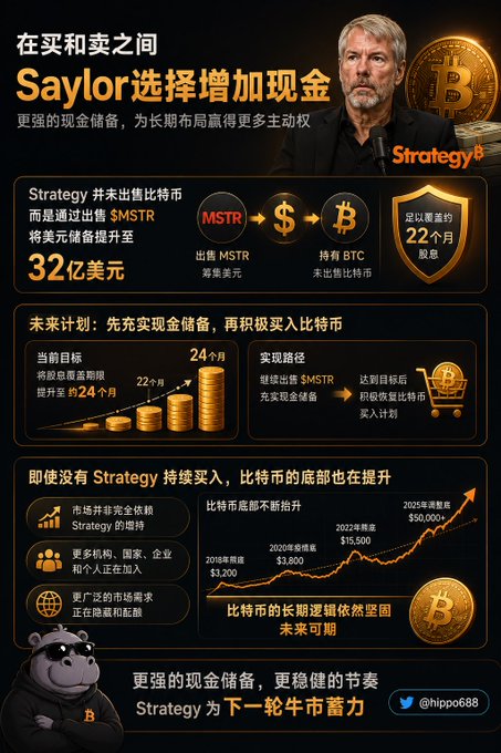 A Chinese-language infographic about Strategy (formerly MicroStrategy) CEO Michael Saylor choosing to increase cash reserves to $3.2 billion by selling MSTR stock to buy more Bitcoin, featuring charts showing BTC price projections from $3,200 (2018) to $50,000 (2025).