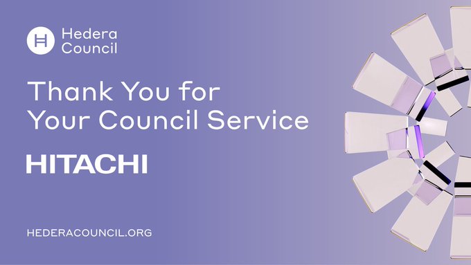 A purple banner from Hedera Council reads "Thank You for Your Council Service — HITACHI," with the website hederacouncil.org and the Hedera Council logo, honoring Hitachi's departure from the council after its tenure since 2024.