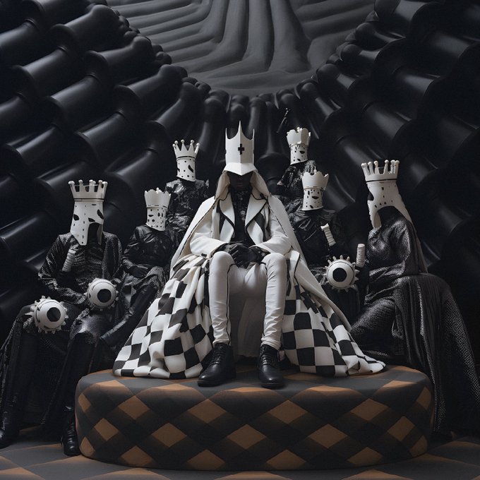 A surreal, high-fashion editorial image featuring a central figure in white seated on a checkered throne, surrounded by attendants wearing black robes and white crown-like headpieces, set against a black quilted background.