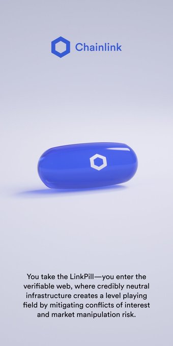 A blue Chainlink-branded capsule sits against a soft gradient background with the Chainlink logo at the top. The caption reads: "You take the LinkPill—you enter the verifiable web, where credibly neutral infrastructure creates a level playing field by mitigating conflicts of interest and market manipulation risk," suggesting a visual metaphor for Charles Schwab adopting or being connected to Chainlink's trust-minimized oracle infrastructure.