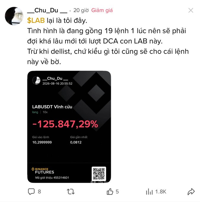 A Vietnamese-language social media post by user __Chu_Du__ discusses a long trade position on LABUSDT, showing a dramatic -125,847.29% PnL on Binance Futures.