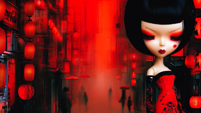 A stylized digital artwork features a doll-like figure with a large black bob haircut, red eye makeup, and a red dress, set against a vibrant red-tinted street scene filled with hanging lanterns and silhouetted figures.