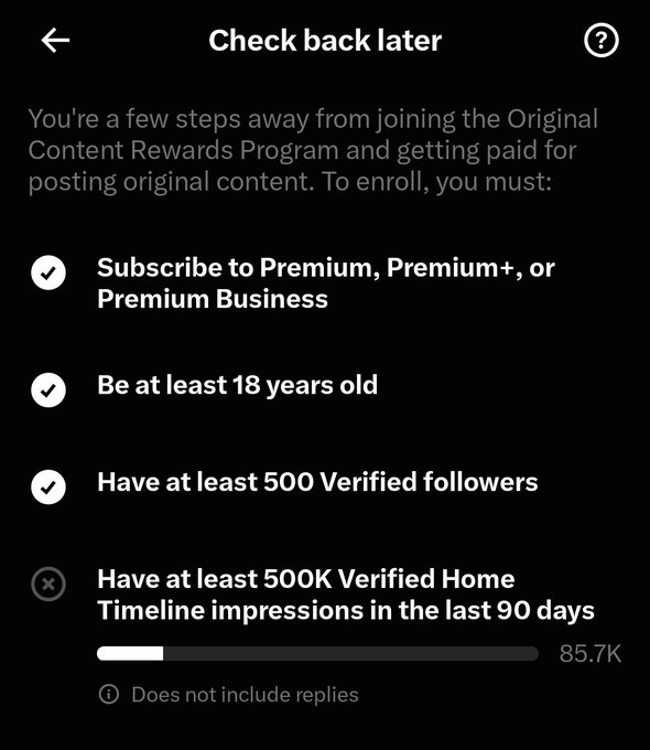A Twitter/X 'Check back later' screen showing the requirements for the Original Content Rewards Program, with the user having met most criteria except needing 500K Verified Home Timeline impressions (currently at 85.7K).