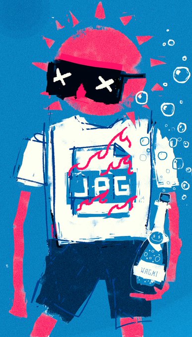 The image features a cartoon illustration of a person wearing sunglasses and holding a bottle of champagne. The person appears to be dressed for summertime, with shorts and a t-shirt. The background color of the image is blue, which contrasts with the pink sun in the top left corner. The post has been tagged with the hashtag #GmSummer.