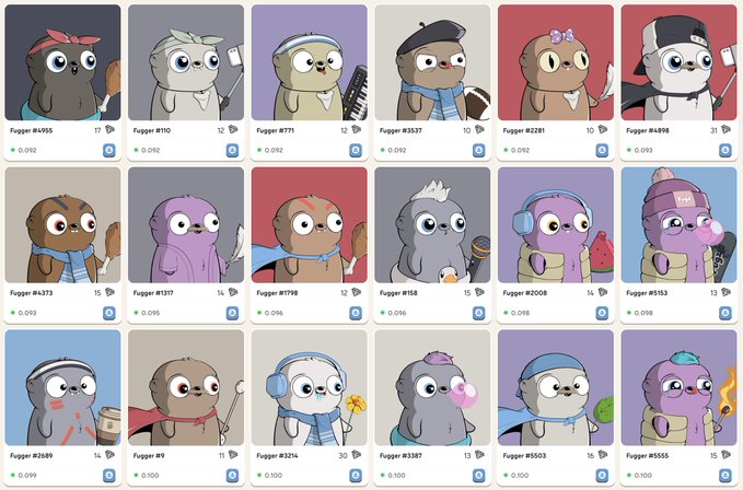 A grid of 18 colorful digital collectible character cards, each labeled "Fugger" with a unique ID number (e.g., #4555, #7711, #2281) and a rarity value between 0.092 and 0.100, illustrating the Fugz NFT collection's trait rarity system that determines collector rank via diamond badges.