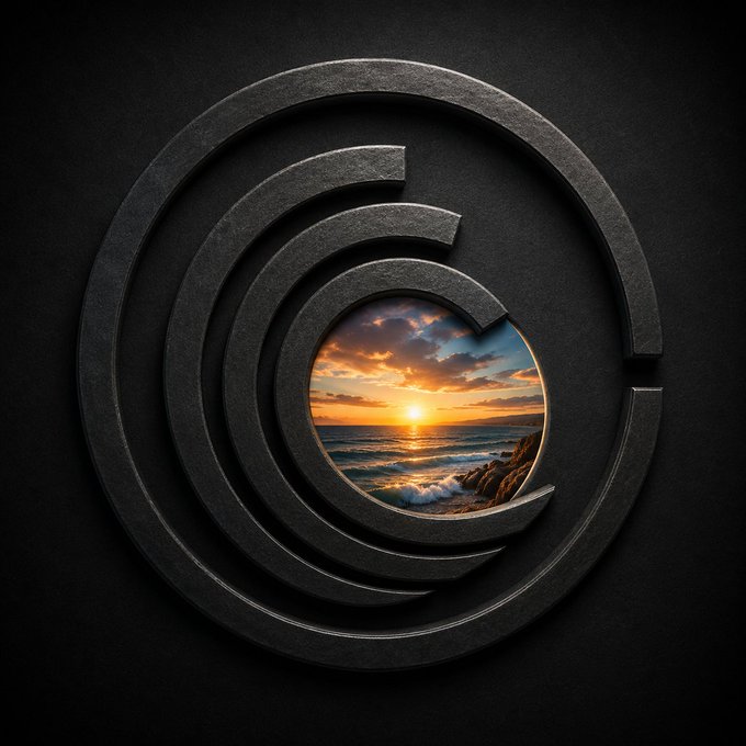 A dark, metallic spiral emblem frames a vivid sunset over ocean waves, visually echoing the post's theme of looking through the layers of BitTorrent's expanding decentralized ecosystem—where file sharing has evolved into a deeper, interconnected network of storage, bandwidth, compute, and AI.